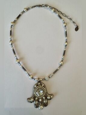 Silver Pearl Hamsa Pendant Necklace by Michal Golan